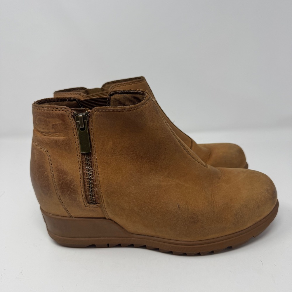 Sorel Evie Zip Waterproof Leather Ankle Wedge Boots Brown NL4927-242 Womens 8